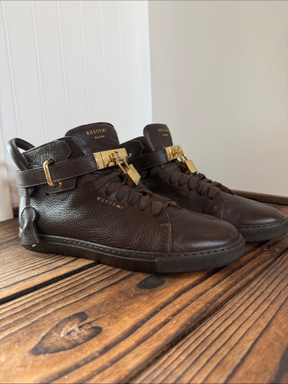 Buscemi Men's Brown Leather 100MM High-Top Sneakers with Gold Hardware